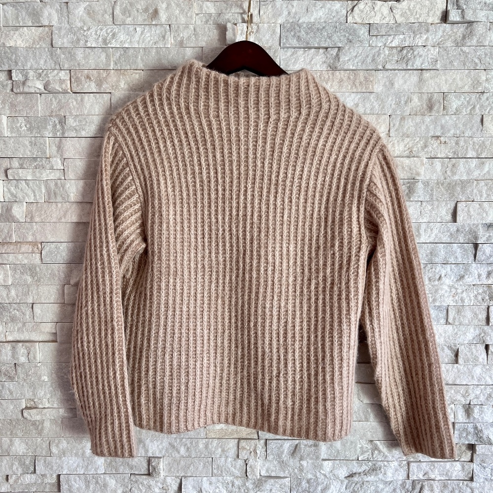 VINCE Ribbed, Funnel Neck Alpaca-Blend Sweater in Tan / Cream